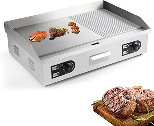 Plancha eléctrica antiadherente grande con placa de cocción caliente, parrilla de barbacoa con placa caliente ajustable de acero inoxidable comercial, parrilla de barbacoa para freír huevos y tocino