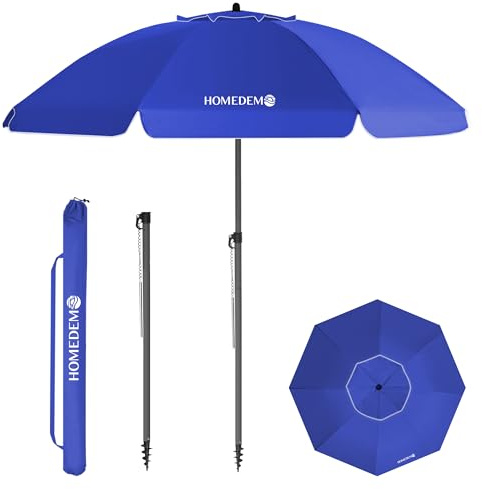HOMEDEMO Parasol Plage Inclinable avec Revêtement Argenté, Protection Solaire UV50+, avec Pied d'ancrage à Visser et Housse de Protection, pour Piscine, Marché, 200cm, Bleu