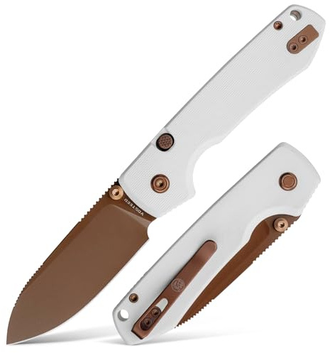 Vosteed Raccoon2.0 EDC Folding Pocket Knife - 3.25 14C28N Rose Gold Blade, Top Liner Lock, White G10 Handle with Belt Clip - Camping, Hiking Knives- A2913