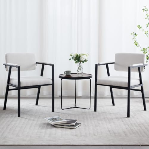 Ya-Home Esszimmerstühle 2er Set, Küchenstühle mit Armlehne, Weiß | Polsterstühle aus Leinen, Armlehnstuhl Esszimmer mit Metallgestell, Akzentstuhl für Esszimmer/Wohnzimmer