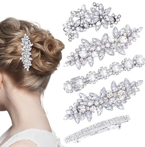 5 Pezzi Fermaglio Capelli Donna per Matrimonio, Fermagli per Capelli con Perle di Strass in Argento Copricapi Floreali da Sposa Accessori Capelli Sposa per Donna