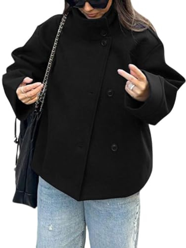CHARTOU Women Crop Pea Coat Wool Blend Winter Loose Casual Short Jacket Outwear (Medium, Black)