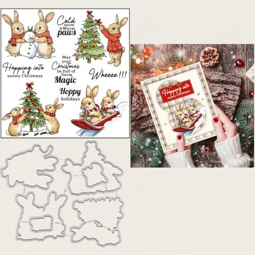 Sredwtk Kaninchen Weihnachten Stanzschablonen und Stempelset,Stempel und Stanzen Set,Silikonstempel und Stanzen Set,Clear Stamp und Stanzschablone Für DIY Scrapbooking Fotoalbum Dekor Karten