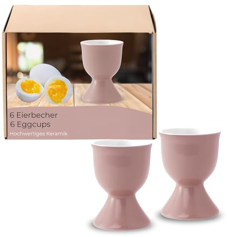 Juego de 6 hueveras en color rosa de cerámica, apto para lavavajillas, soporte para huevos para mesa de desayuno