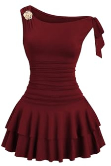 Floerns Women's Mini Dress Off The Shoulder Metal Floral Sleeveless Layered Hem Going Out Dresses Burgundy Small