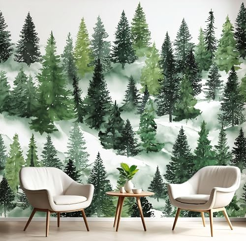 Papier Peint Panoramique 350× 256cm, Revêtement Montagnes Plantes Forêts, 3D Motif Résumé Forêt Pins Mural Poster Geant Murale Décoration pour Chambre Salon Couloir Bureau Cuisine Chambre Vert Foncé