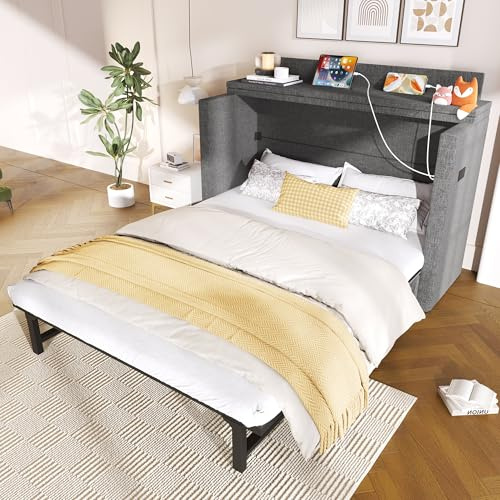 Lcoho Schrankbett, 140 x 200, Mit Einer Schublade,Mobiles Schrankbett mit Ablagefach am Bett, mit USB- und Typ-C-Anschlüssen, Umbaubares Plattformbett, Ohne Matratze,Leinen, (Grau)