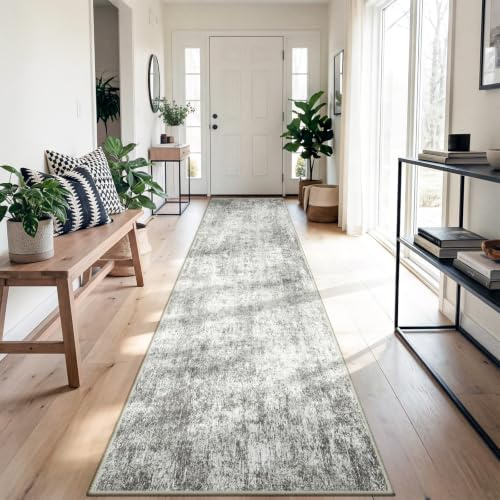 DEFYNEE Teppich Läufer 80 x 300 cm, rutschfest Teppichläufer, Kurzflor Küchenläufer, Waschbar, Faltbar, Abstraktes Design für Eingang, Küche, Wohnzimmer & Büro, Grauweiß