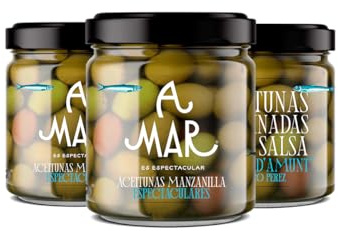 Pack 3 Botes de Aceitunas Gordal A Mar Espectacular 370g – Marinadas con salsa A Mar d’Amunt by Paco Pérez - Aceitunas gourmet con aceite de oliva virgen extra y matices marinos - Sabor mediterráneo