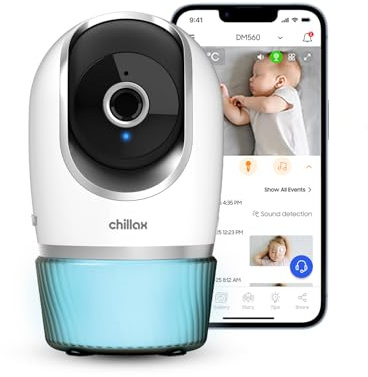 CHILLAX - Cámara para bebés Candle - 2K QHD 360° panorámica controlable en Remoto - Compacta - Visión Nocturna - Sensor de Temperatura con Alarma - Walkie-Talkie - Luces nocturnas y Nanas- con App