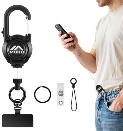 MoKo Laccetto Antifurto per Telefono con Cavo in Acciaio, Retrattile e Bloccabile, Cinturino Anti Caduta con Tether Tab in Metallo 360°, Portachiavi per Outdoor Trekking Pesca Ciclismo, Nero