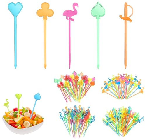 Rainway 250 unidades, brochetas reutilizables para cócteles, fruta y aperitivos, brochetas para canapés, brochetas para aperitivos, varios diseños, palillos para fiestas de verano y celebraciones fami