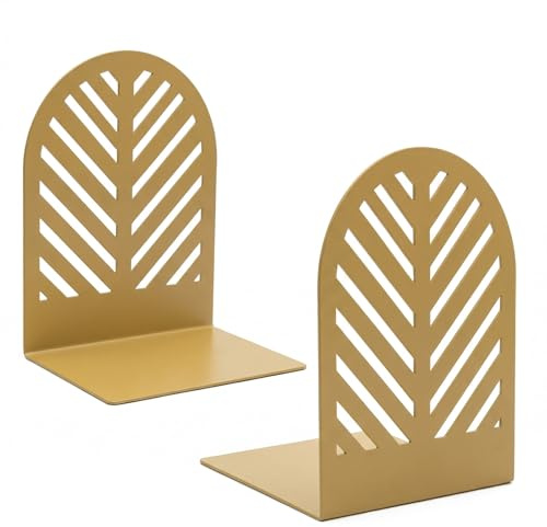 Modern Metal Bookends for Shelves, 1 Pair Minimalist Leaf Shaped Geometric Design, Heavy Duty Non-Slip Decorative Book Ends for Home & Office Living Room Desk Decor, Sturdy Steel Book Holder