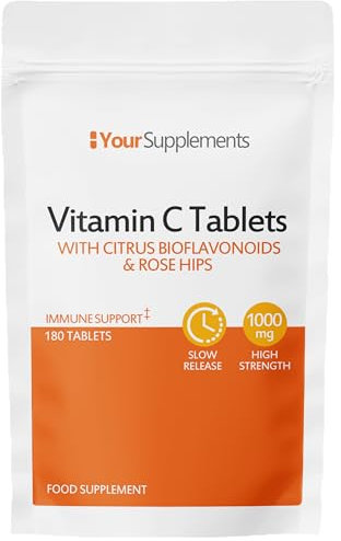 Vitamin C Tablets 1000mg | 180 Slow Release Tablets | with Bioflavonoids & Rose HIPS | Natural Immune Support | One A Day
