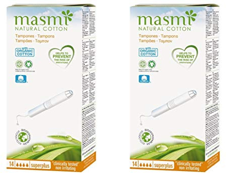 12 tampones aplicadores Masmi Super Plus certificados de algodón orgánico, hipoalergénico, biodegradable, perfume, viscosa, rayón, cloro y dioxina (2 unidades)