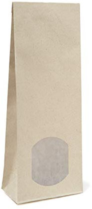 100x Graspapierbeutel mit Pergaminfenster - 500g - Größe B 10,5 x T 6 x H 29 cm - Blockbodenbeutel Graspapier Papiertüten umweltgerechte Verpackung recyclingfähig Entsorgung über das Altpapier