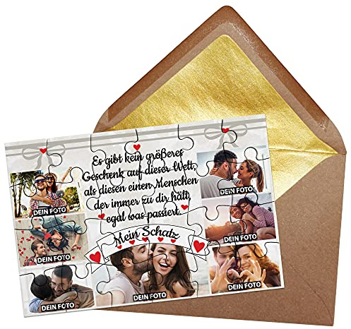 Foto-Puzzle - Collage Mein Schatz - inkl. Briefumschlag mit Gold-Inlay - Geschenk für Paare, Liebe, Valentinstag - mit SECHS Bildern Bedrucken Lassen - 24 Teile