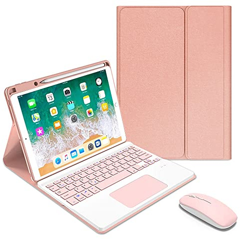 QYiiD Funda con Teclado para iPad 9.7 2018 (6.a generación) / 2017 (5.a generación), TouchPad y Soporte para lápices, Teclado en Español (Incluye Ñ) inalámbrico Desmontable para iPad 9.7, Rosado