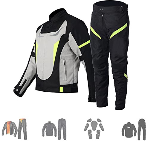 WHYUNM26 Men's Motorcycle Jacket Set Reflective Full Body Protection Anti-Fall Waterproof Motorbike Riding Jacket and Pants Suit,Green,3XL(Chest 132cm)