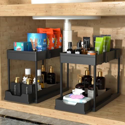 MEAFBIRD 2 Pack Under Sink Organizer, 2 Tier Bathroom Cabinet Organizer with Sliding Basket, Multi-Purpose Under Sink Organizers and Storage for Bathroom Kitchen (Black 2 Pack)