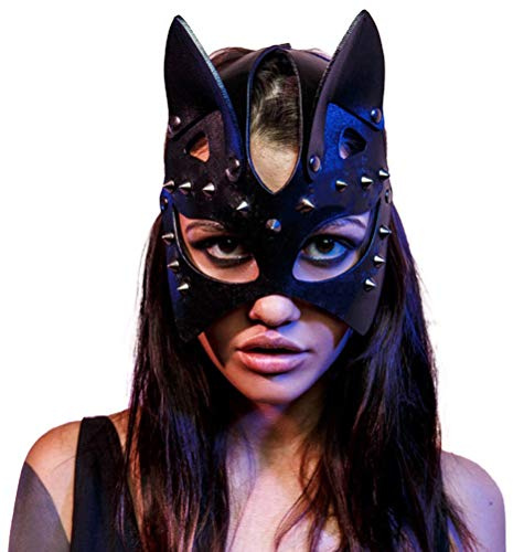 Kangmeile Masken für Kostüme – Maske für Halloween, Damen, sexy, Cosplay, Katze, PU-Leder, Nieten, Katzenohren, Halbmaske, Halloween, Karneval