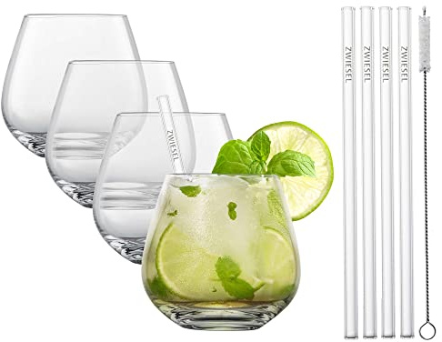 Schott Zwiesel After Work Set Sundowner (4 große Weingläser + 4 Halme) | inkl. Baumwollbürste, spülmaschinenfeste Tritan®-Kristallgläser, Made in Germany