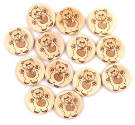 12 wunderschöne Holzknöpfe 20mm natur rund mit Teddymotiv 2 Löcher zum aufnähen annähen Knöpfe Handarbeit Scrapbooking für Kinderkleidung Jacken Mützen Strampler