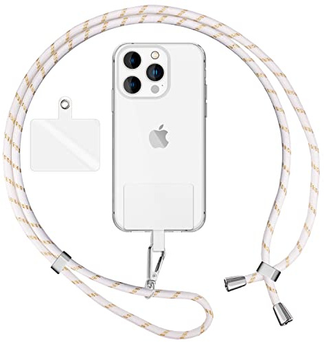 NALIA Färgglad Universal Kedja med Dyna, Rem för Mobiltelefonfodral för Upphängning, Karbinhake i Metall, Lanyard Snodd Halsband med 160 cm Längd, Crossbody-Lina med Ögla, Färg:Vit Guld