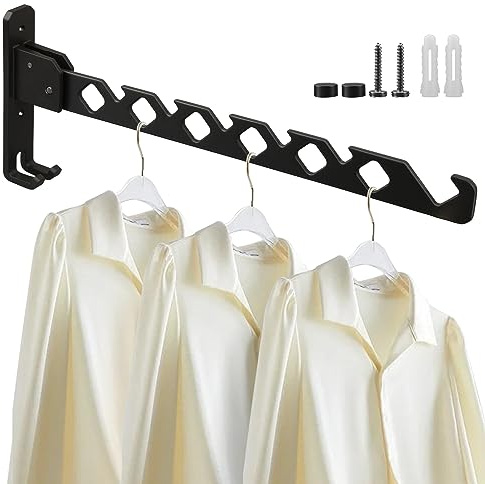 Lxoraziy Kleiderstange Wand, Aluminium Kleiderbügel mit Kleiderhaken, Klappbar Wand Kleiderständer, für Schlafzimmer Badezimmer Balkon(Schwarz)