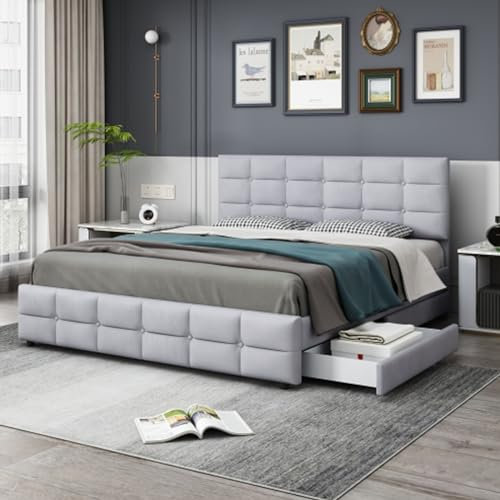 Tcewhhy Polsterbett 180 X 200 cm Mit 4 Schubladen Doppelbett King Size Mit Lattenrost Und Rückenlehne Jugendbett Für Erwachsene Jugendliche Bett Mit Stauraum Gästebett Für Schlafzimmer Grau 1001
