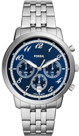 Fossil Neutra uhr für Herren, Chronographenwerk mit Edelstahl- oder Lederarmband, Silberton und Blau, 44MM