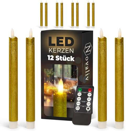 Stabkerzen LED mit Timer GOLD 12 Stück indoor - 6 Stunden - ECHTWACHS 23cm Höhe für Kerzen 2,2cm Durchmesser 2 AAA Batterien notwendig LED Stabkerzen 4er Set GOLD (drei Mal) bewegliche Flamme Licht