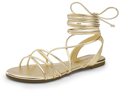 DREAM PAIRS Lace-up Gladiator Sandals Strappy Dressy Summer Flat Sandals for Women,Size 9,Gold,SDFS2408W