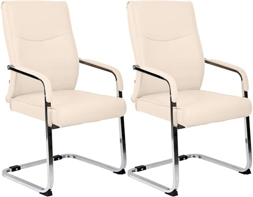 CLP Esszimmerstühle 2er Set ergonomisch Hobart, Freischwinger mit Armlehnen gepolstert, Metallgestelle stabil, Konferenzstühle modern, Farbe:Creme, Material:Kunstleder