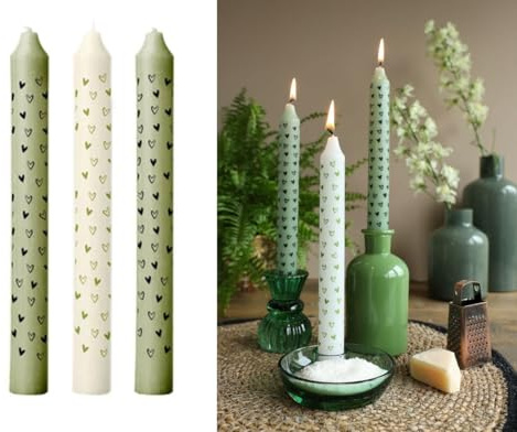 NaDeco Stabkerzen mit kleinen Motiven im Set mit 3 Stück, Höhe 20 cm, in vielen bunten Motiven wählbar | Spitzkerzen | Brenndauer 8 Stunden, ohne Duft | Tattokerzen, Farbe:Grün & Schwarze Herzen