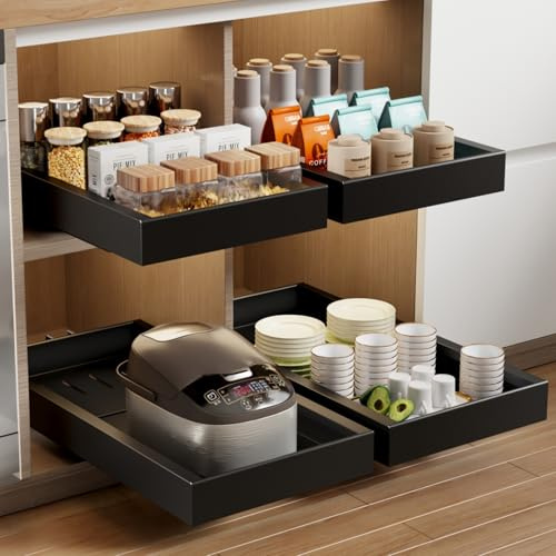 Mustorn 2 Pack Pull Out Cabinet Organizer,21.8 Deep Slide Out Drawer for Cabinets Adhesive Pull Out Drawers Heavy Duty Pull Out Shelves for Kitchen,Cupboard,Pantry,Bathroom-Black