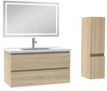 AICA Ensemble Meuble Céramique Vasque Salle de Bain + Colonne et Miroir | Miroir LED Salle de Bain 3 Couleurs + Meuble Lavabo Céramique 100cm+ Colonne,Fonction Soft-close,Blanc