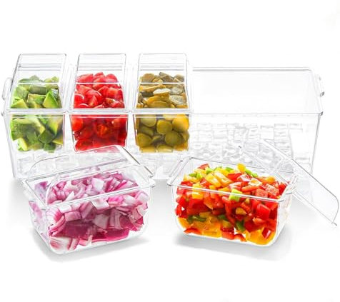 FLETUTE Vassoio refrigerato per spezie, frutta da bar con coperchio e 5 scomparti rimovibili, vassoio trasparente per spezie, contenitore per feste, condimenti da bar