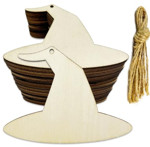 30 Stück unlackierte Hexenhut-Form, Halloween-Hexenhut, Holz, Halloween-Holzornamente für DIY, Handwerk, Halloween, Herbst, Türhänger, Heimdekoration (9,9 x 7,6 x 0,3 cm)