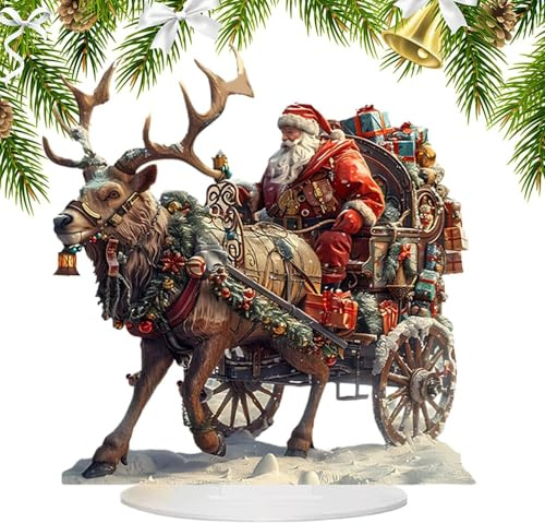 Weihnachts-Weihnachtsmann-Figur, Weihnachtsmann mit Rentier-Figur - 2D-Acryl-Weihnachtsmann im Schlitten mit Hirsch-Tischstück | Sammelbares Weihnachtsmann-Schlitten-Rentier-Tischstück für Tischplatte