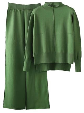 Damen-Strickset, Seitenschlitz-Pullover, Pullover, weites Bein, Hose, Pullover-Set, En8, Einheitsgröße