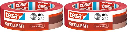 Tesa Excellent Ruban de Masquage pour Peinture avec Support en Papier Fin - Pour Toutes les Peintures, Vernis et Laques - Pour Usage Intérieur - 50 m x 30 mm Rouge (Lot de 2)