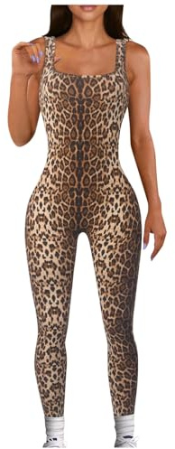 Damen Sport Jumpsuit Leopard Ärmellos Einteiliges Outfit Lang Kuschelig Sport Overall Eng Workout Bodysuit One Piece Tank Tops Stretch Langarm Bodycon Strampler Sportanzug