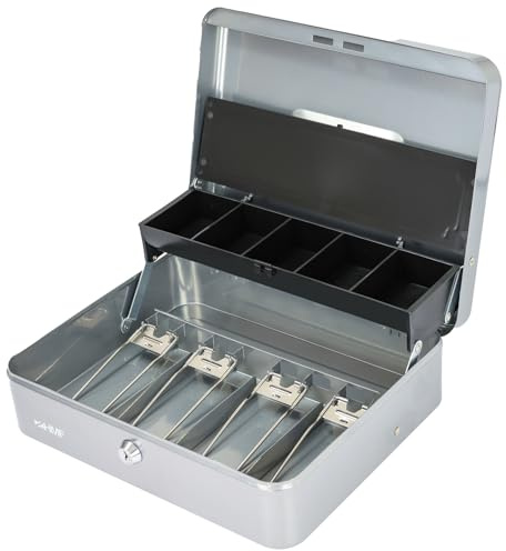 HMF 15230-09 - Caja de caudales con cerradura con compartimento para monedas y 4 compartimentos para billetes con pinza, 30 x 24 x 9 cm, color plateado