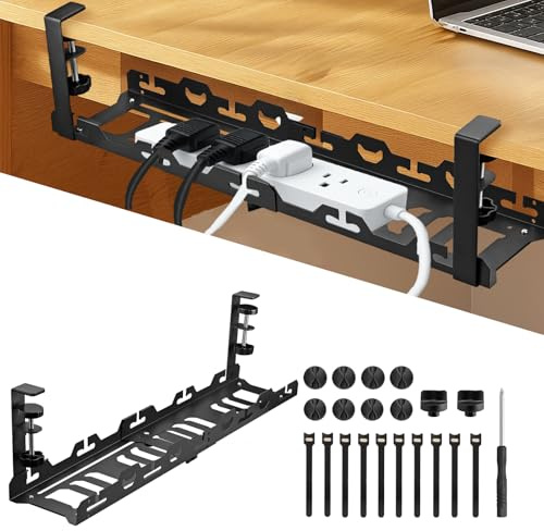 EYPINS Plateau de rangement de câbles sous le bureau sans perçage – Plateau de rangement de câbles rétractable de 40 à 74 cm pour bureau et maison, plateau de câbles sous le bureau avec 10 attaches