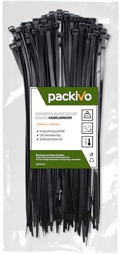 PACKIVO Lot de 100 serre-câbles longs noirs - 300 mm x 4,8 mm - Résistants aux UV - Résistance à la traction de 22 kg - Peuvent être utilisés pour l'intérieur et l'extérieur