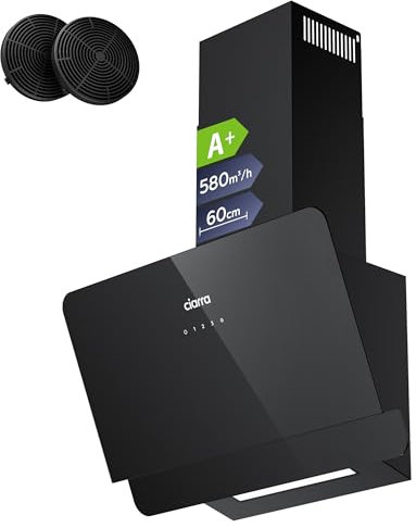 Ciarra CBCB6765C Cappa Aspirante 60cm - Classe A+ - 580m³/h - 3 Velocità - Filtri a Carbone CBCF055 Inclusi - Cappa Inclinata Scarico o Ricircolo - Nera