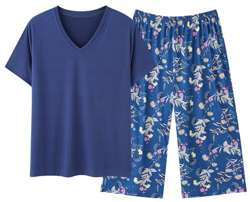 Bastwahl Pyjama Femme Grande Taille à Manches Courtes Ete en Coton de Nuit Haut Lot de Deux Confortable Doux Col Rond à Carreaux Vêtements D'intérieur Sleepwear Automne et Hiver