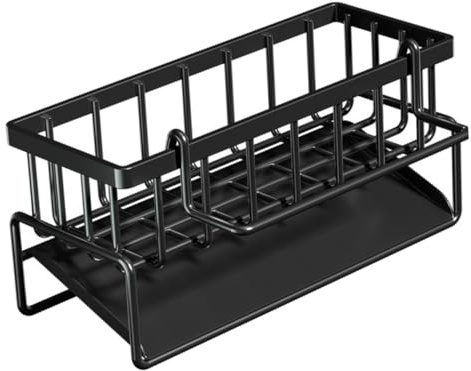 LIFKOME Kitchen Sink Sponge Holder Dishcloth Organizer Black with Rod Multifunctional Draining Storage Rack for Kitchen Sink Dishwasher Brush Sponge Draining Holder