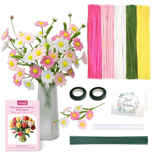 MQOALA 300 Stück Pfeifenreiniger Blumen Set Mit Anleitung, Chenilledraht Pfeifenreiniger Blumen Set, Basteln und Dekorieren Staubblatt FüR Blumenstrauß Diy Dekorationen Macaron-Farbe